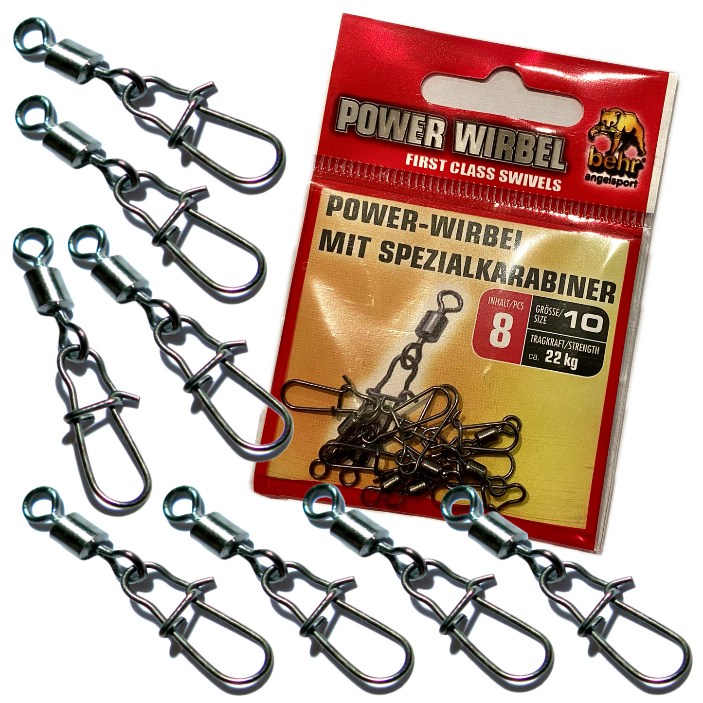 Behr Spezialkarabiner & Power Wirbel 16-24 kg Black Nickel 8 Stück