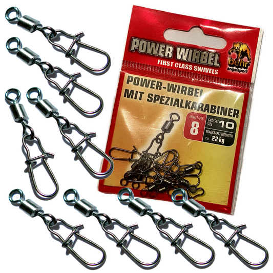 Behr Spezialkarabiner & Power Wirbel 16-24 kg Black Nickel 8 Stück