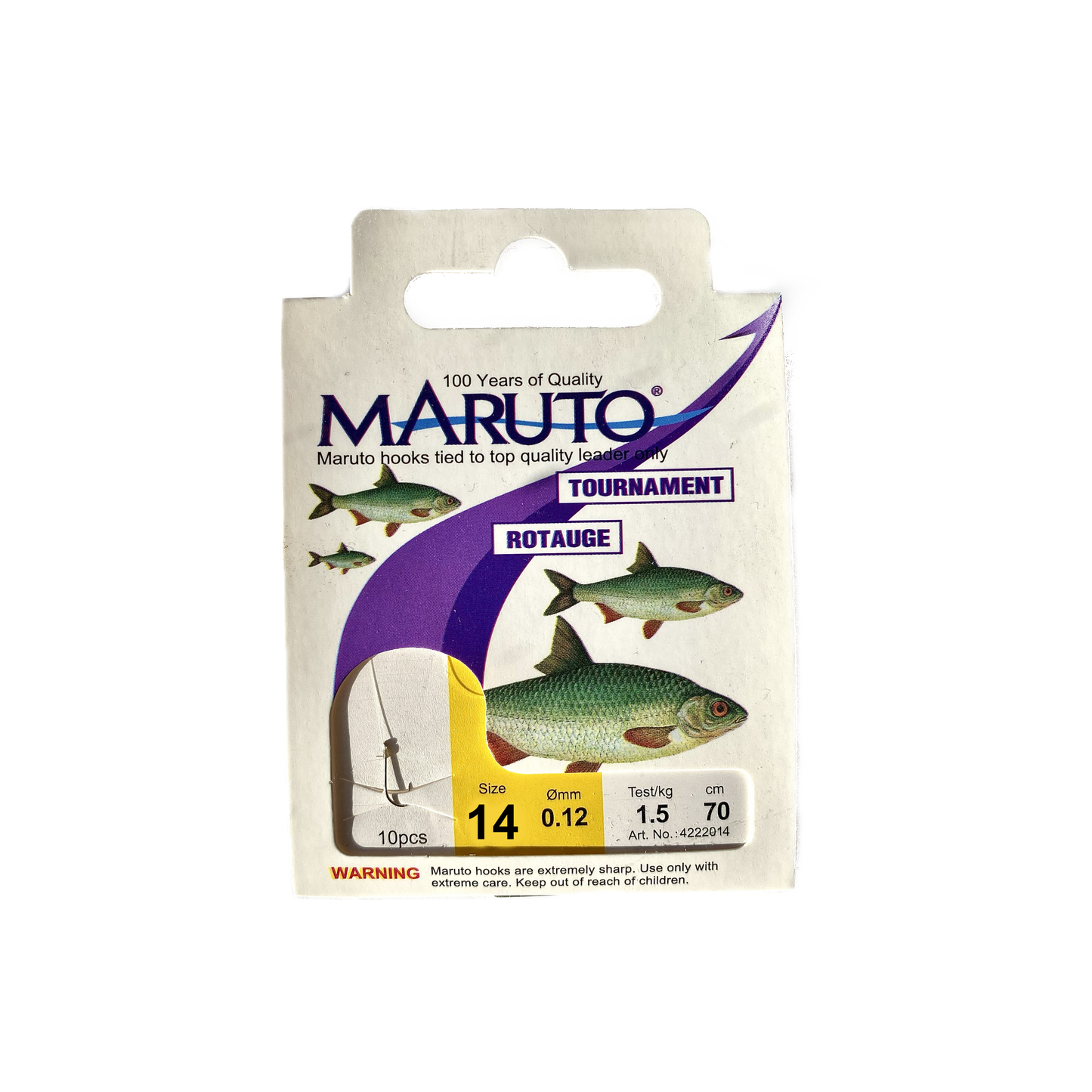 Maruto Tournament Rotaugenhaken gebunden Farbe Nickel Größe 14 / 0,12 mm / 1,5 kg / 70cm / 10 Stück