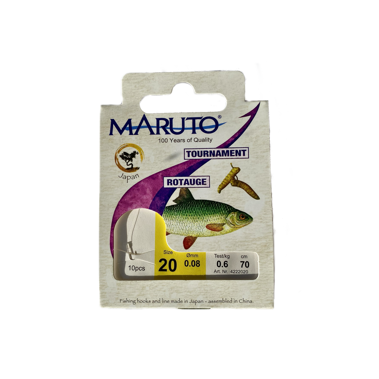 Maruto Tournament Stipp-Rotaugenhaken gebunden Größe 20 / 0,08 mm / 0,6 kg / 70 cm / 10 Stück
