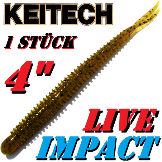 Keitech Live Impact 4 V-Tail Shad Gummiköder Green Pumpkin 10 Stück im Set aromatisiert und gesalzen