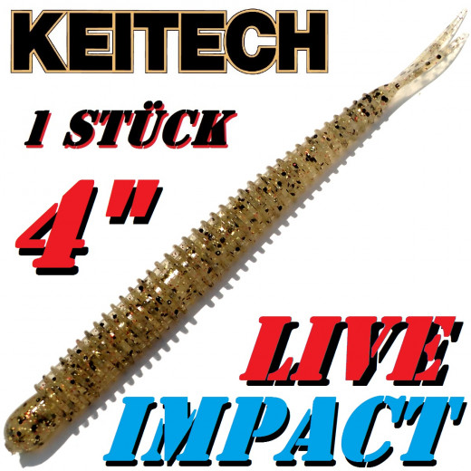 Keitech Live Impact 4 V-Tail Shad Gummiköder Gold Shad 10 Stück im Set aromatisiert und gesalzen