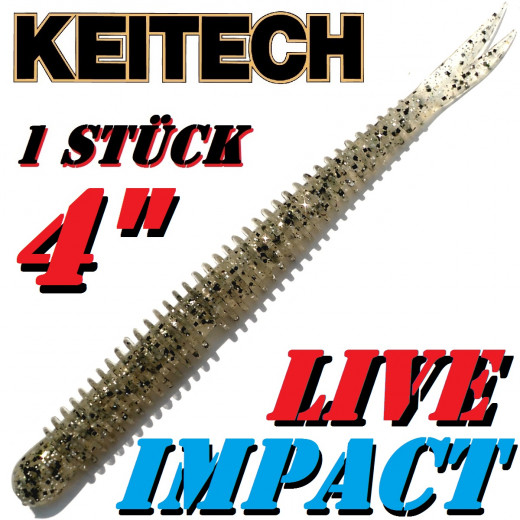 Keitech Live Impact 4 V-Tail Shad Gummiköder Silver Shad 10 Stück im Set aromatisiert und gesalzen