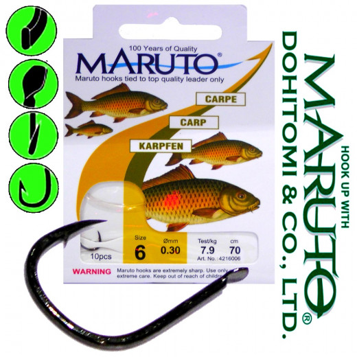 Maruto Karpfenhaken Gr.8 0,25mm gebunden 6,2kg 70cm 10 Stück für Mais & Teig Farbe Schwarz