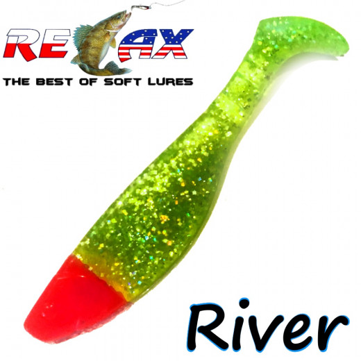 Relax Kopyto River 4 Gummifisch Länge 4 - ca. 10cm Farbe Chartreuse Glitter Red Head 5 Stück im Set!