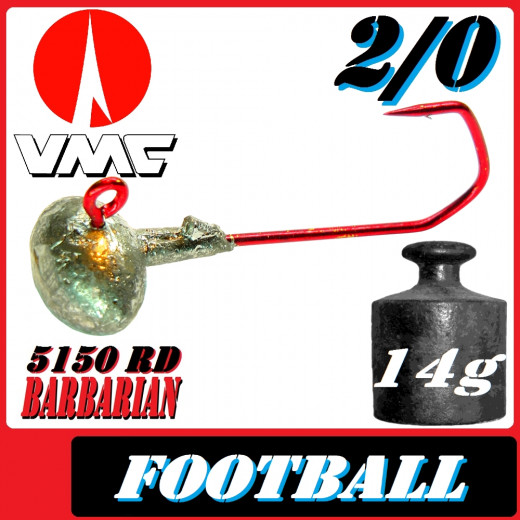 VMC Jighaken Jigkopf Football Eierkopf Größe 2/0 14g mit VMC Barbarian 5150 RD Haken 1 Stück