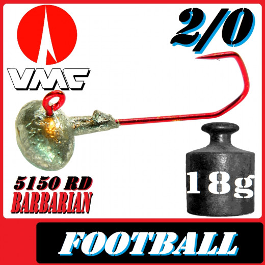 VMC Jighaken Jigkopf Football Eierkopf Größe 2/0 18g mit VMC Barbarian 5150 RD Haken 1 Stück