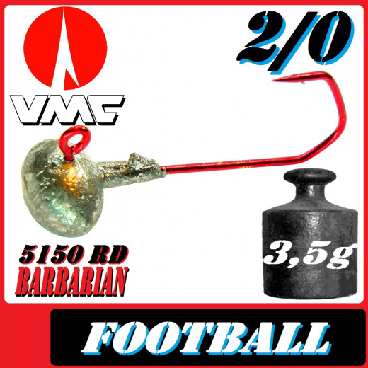 VMC Jighaken Jigkopf Football Eierkopf Größe 2/0 3,5g mit VMC Barbarian 5150 RD Haken 1 Stück