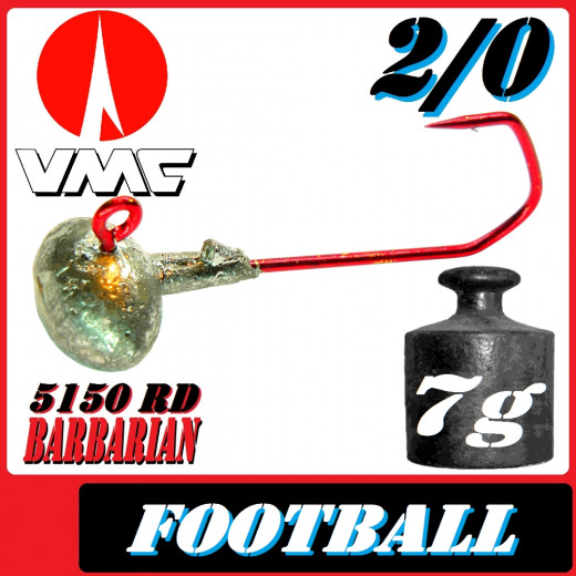 VMC Jighaken Jigkopf Football Eierkopf Größe 2/0 7g mit VMC Barbarian 5150 RD Haken 1 Stück