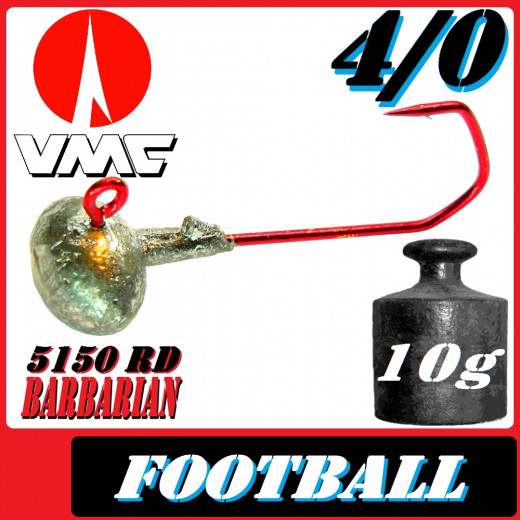 VMC Jighaken Jigkopf Football Eierkopf Größe 4/0 10g mit VMC Barbarian 5150 RD Haken 25 Stück im Set