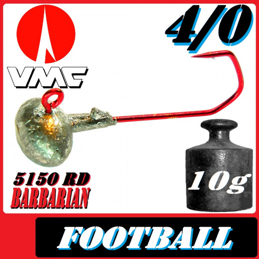 VMC Jighaken / Jigkopf - Football / Eierkopf Größe 4/0 10g mit VMC Barbarian 5150 RD Haken 1 Stück