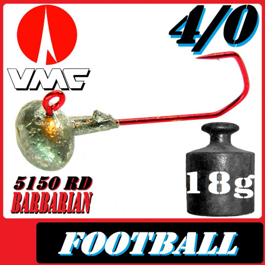 VMC Jighaken Jigkopf Football Eierkopf Größe 4/0 18g mit VMC Barbarian 5150 RD Haken 25 Stück im Set