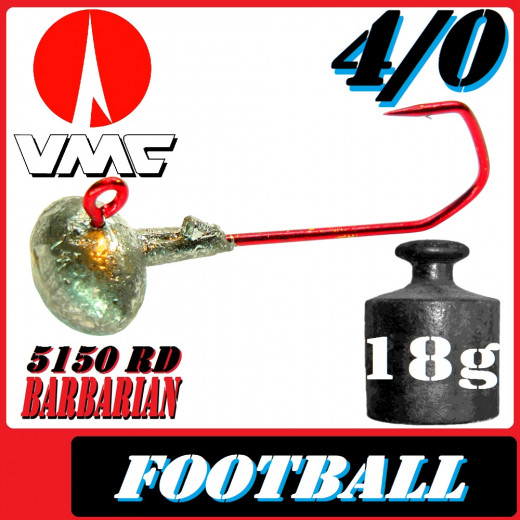 VMC Jighaken Jigkopf Football Eierkopf Größe 4/0 18g mit VMC Barbarian 5150 RD Haken 1 Stück