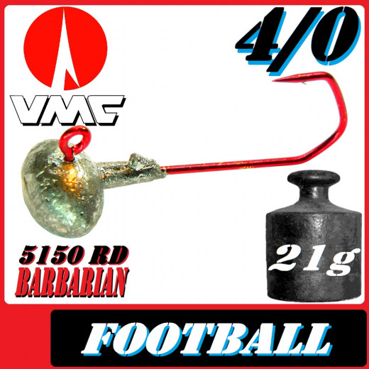 VMC Jighaken Jigkopf Football Eierkopf Größe 4/0 21g mit VMC Barbarian 5150 RD Haken 10 Stück im Set