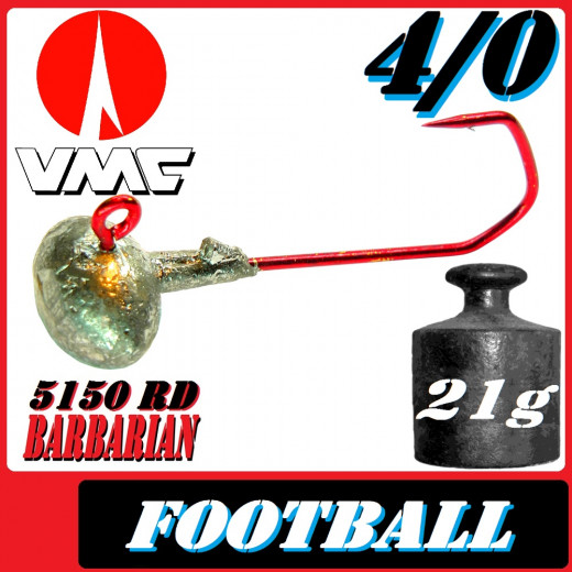 VMC Jighaken Jigkopf Football Eierkopf Größe 4/0 21g mit VMC Barbarian 5150 RD Haken 25 Stück im Set