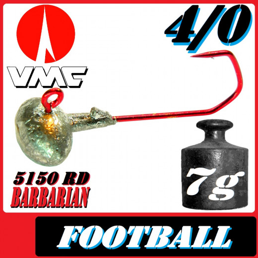 VMC Jighaken Jigkopf Football Eierkopf Größe 4/0 7g mit VMC Barbarian 5150 RD Haken 10 Stück im Set