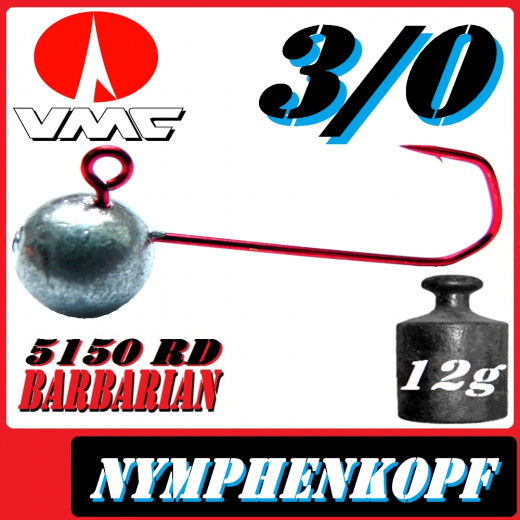 VMC Jighaken / Jigkopf - Nymphe - Wacky Größe 3/0 12g mit VMC Barbarian 5150 RD Haken 1 Stück