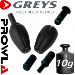 Greys Prowla Quick Change In-Line Sinkers / Gewichte Posenbleie in 10g mit 4 Gewichten & Gummi-Fixierungen