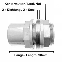 PVC-U Tankdurchführung 32mm 40x32x1 1/4“ mit 2x Klebemuffen 32mm Innendurchmesser & 40mm Außendurchmesser inkl. 2x Dichtung & Kontermutter